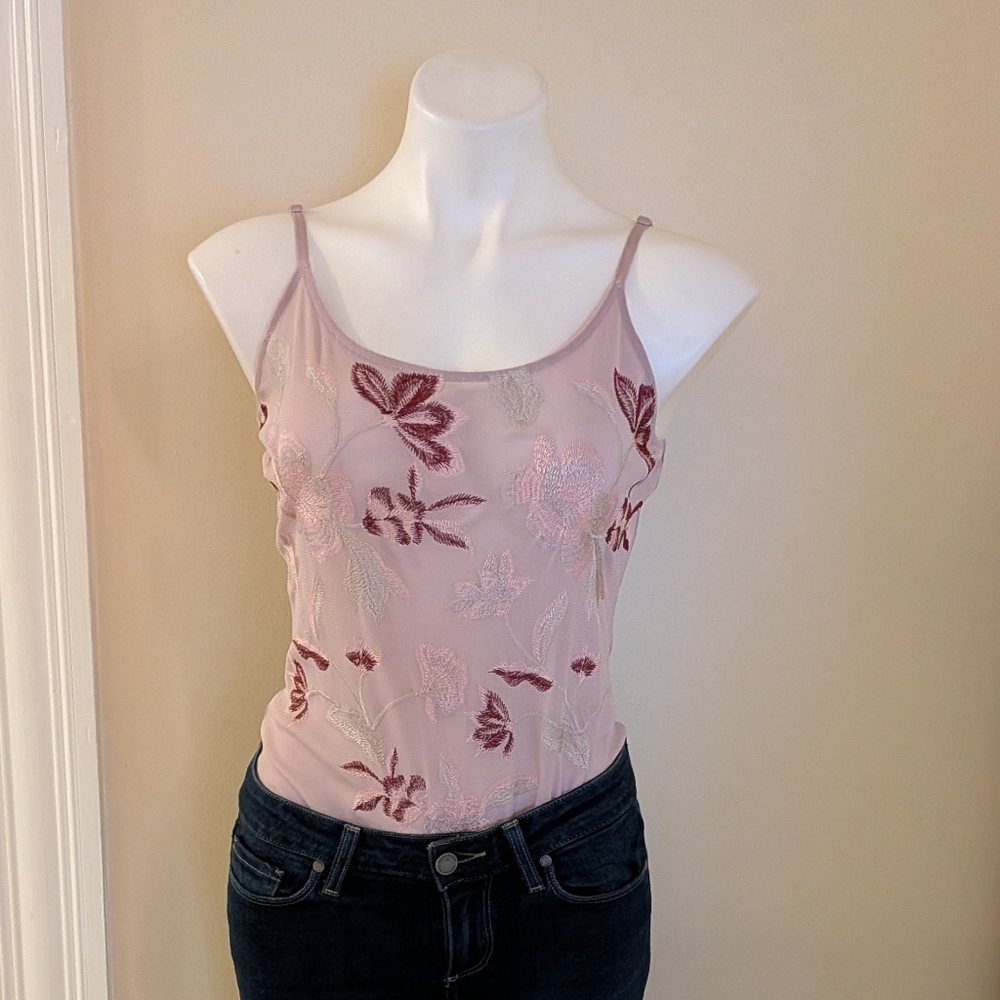 Express pale sheer pink with embroidery flowers tank bodysuit size M